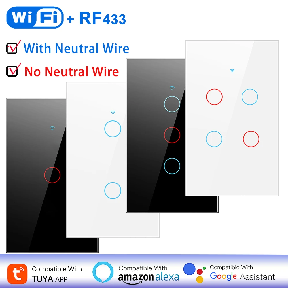 Tuya WiFi Smart Light Switch 1/2/3/4 Gang With/Without Neutral Wire APP/Touch/RF433/Voice Remote Control Via Alexa Google Home