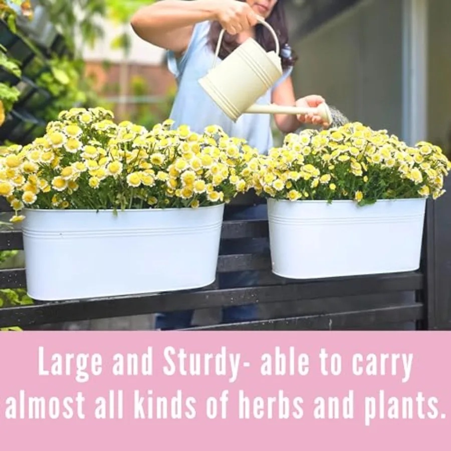 Outdoor white metal planter boxes for deck railing, 17-inch hanging flower pots with hooks, large window box plant holders, mod - view 3