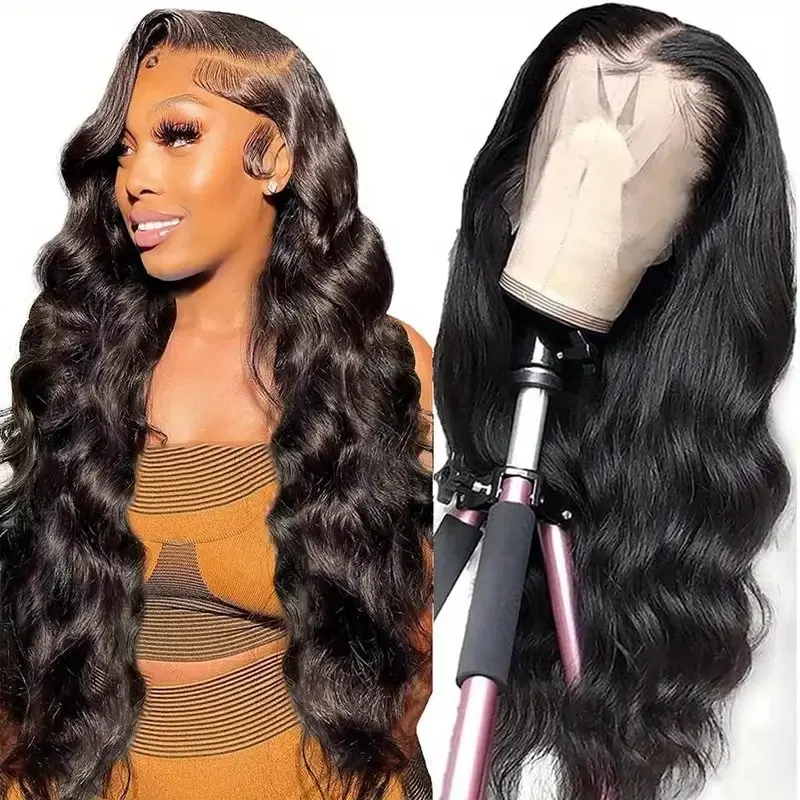 Perruque Lace Front Wig sans colle Body Wave pour femme, cheveux humains pré-épilés, ultraviolet, noir naturel, 13x6 HD, 180%, 24 pouces, 13x4