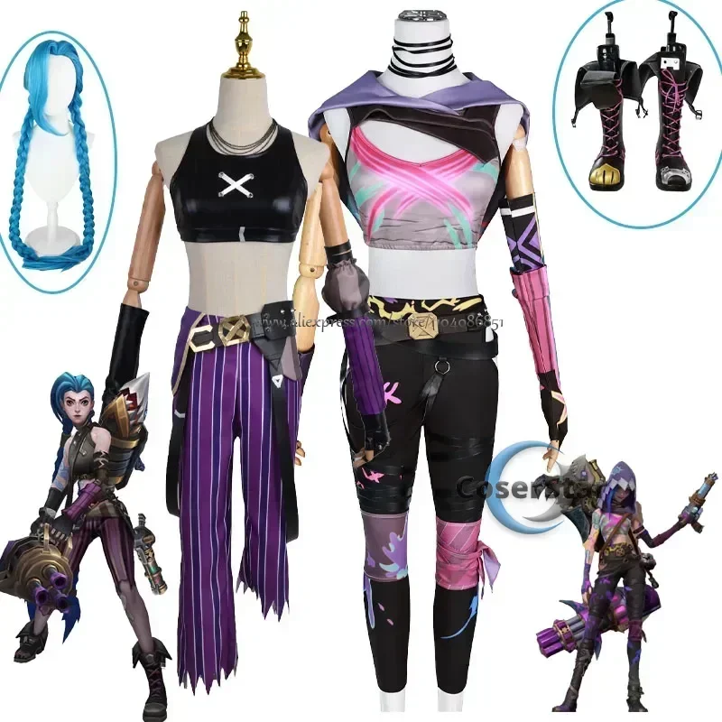 Em estoque jogo lol arcane 2 canhão solto jinx cosplay traje crit prodígio jinx cosplay pele roupa peruca feminino carnaval traje