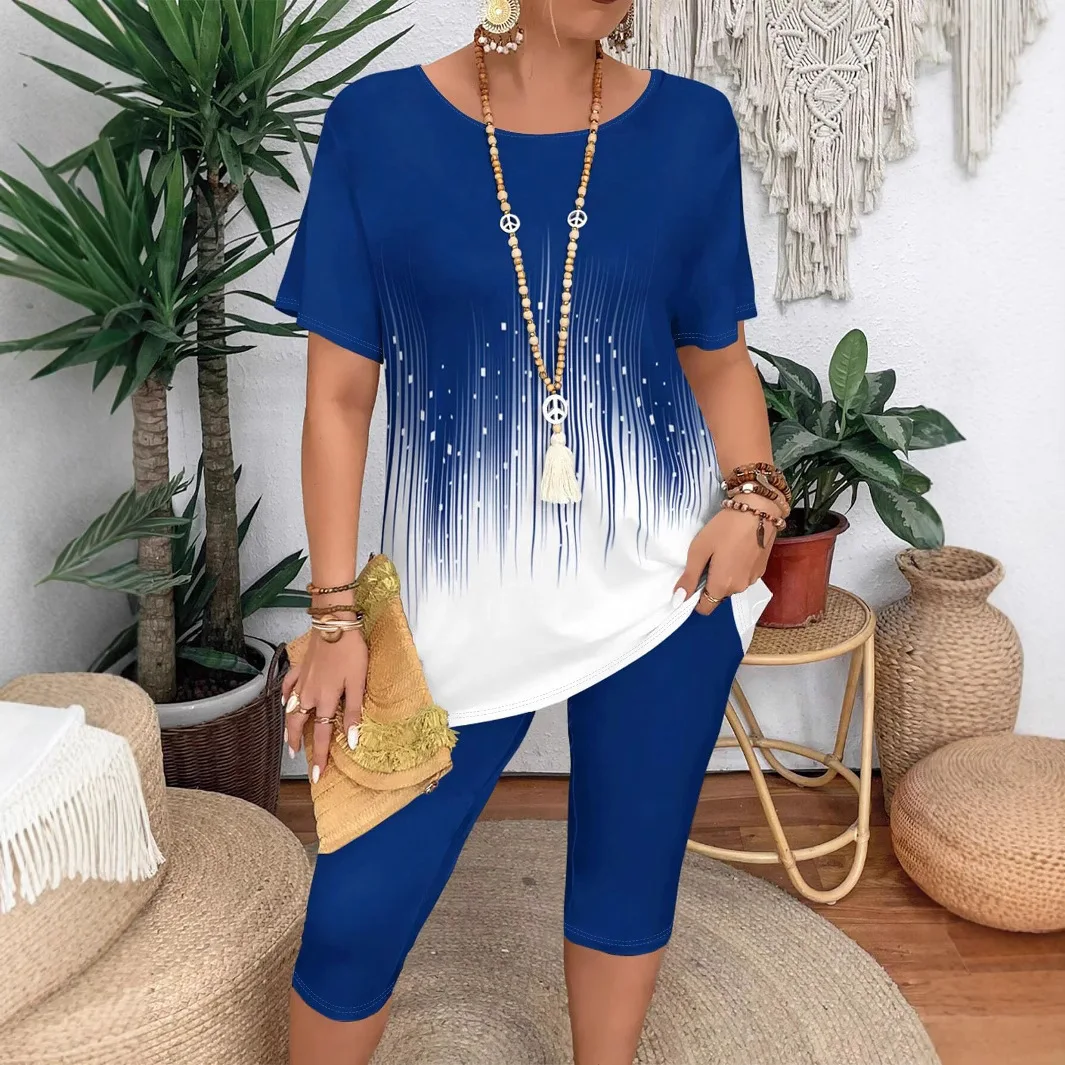 

2025 Two Piece Set Large Size Women's Gradient Color Short Sleeved Top T-Shirt And Pants Two-Piece Set For Summer