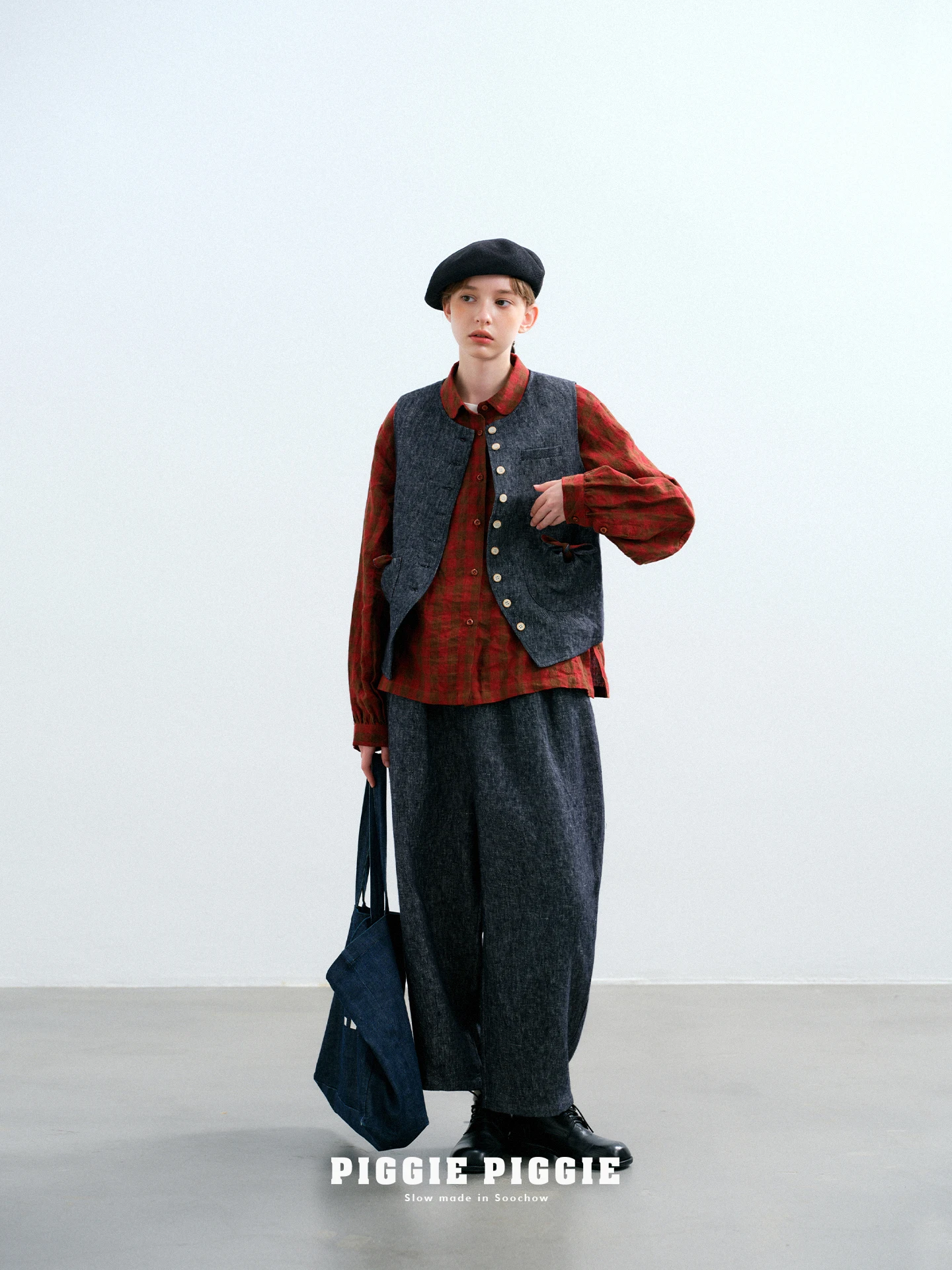 

Японский модный комплект: свободный льняной джинсовый жилет с карманами и поясом, женские длинные брюки для осени PW438