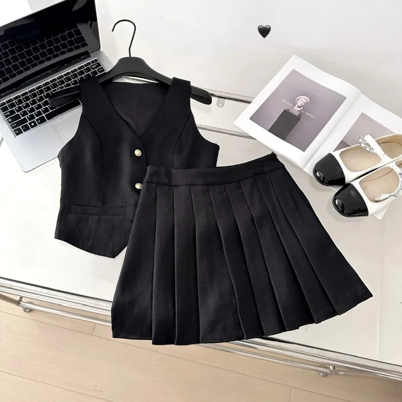 French Vest Pleated Skirt Two-piece Set Women V-neck Sleeveless Single Breasted Temperament Spicy Girl Solid Slim Summer Suit