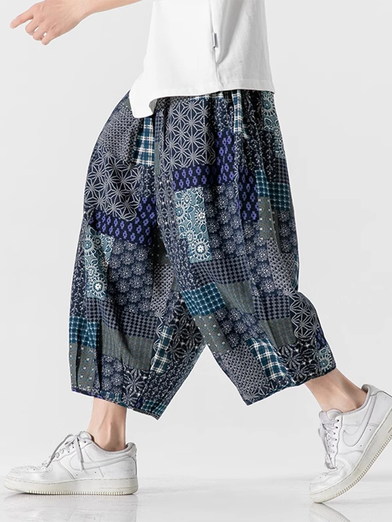 

Men's ort Pants Floral Print Linen Lantern Leggings Seven-Foot Loose Fit Summer Casual Trousers Breathable Comfortable