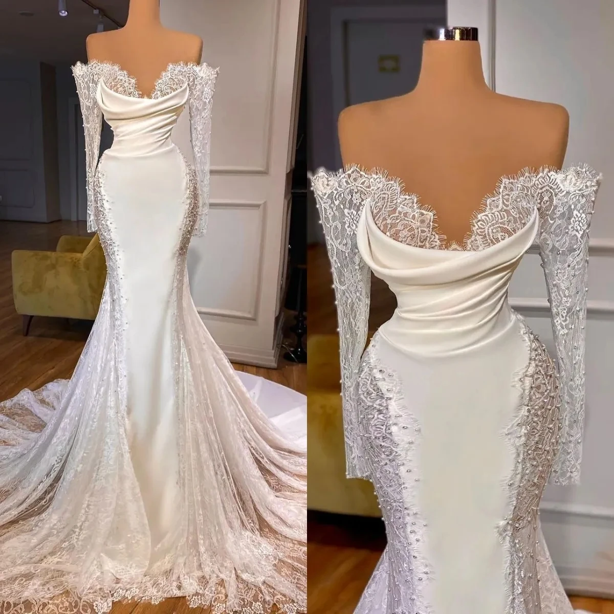 

Charming V Neck Appliques Mermaid Wedding Dress Sweep Train Lace Long Sleeve Wedding Gowns Custom Made Robe De Mariée 2024