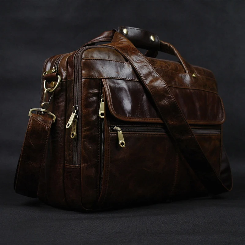 Luxury Full Grain Genuine Leather Men Business Briefcase Male Office Bag 15