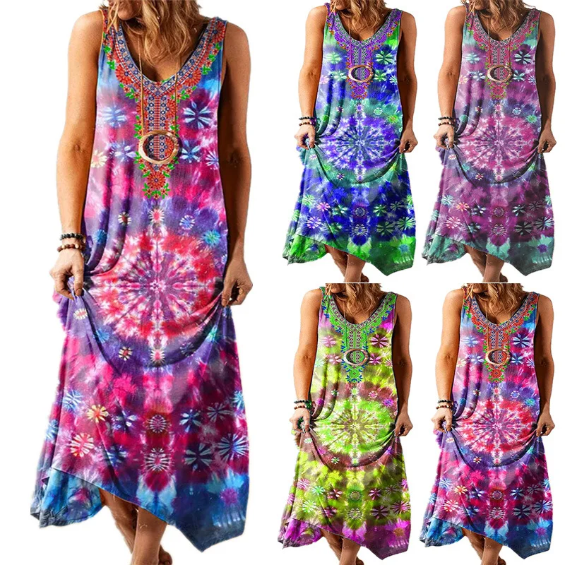 Elegant Women's Long Dresses 2025 Summer New Ethnic Style Loose Printed Vest Dress Vestidos De Festa Vestidos De Mujer Casuales