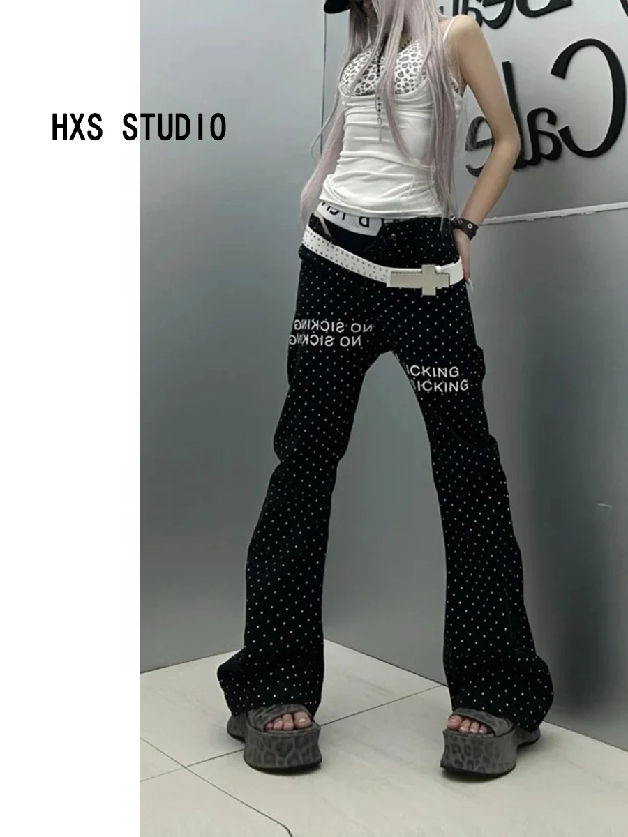 

Dark Style Polka Dot Flared Jeans Women's Slim Fit Long Pants Summer New Low Waist Straight Leg Denim Skinnies Casual Trousers