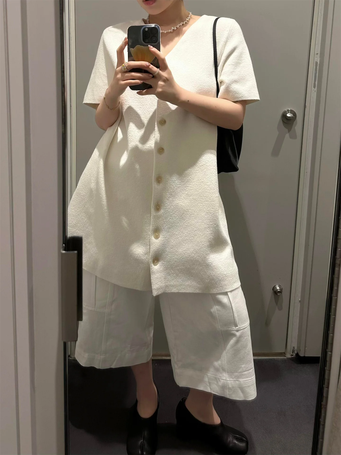 BANA Simple White V-Neck Knitted Straight  Dress Short Sleeve Summer City Commute Workwear Casual Date Travel Daily Dress