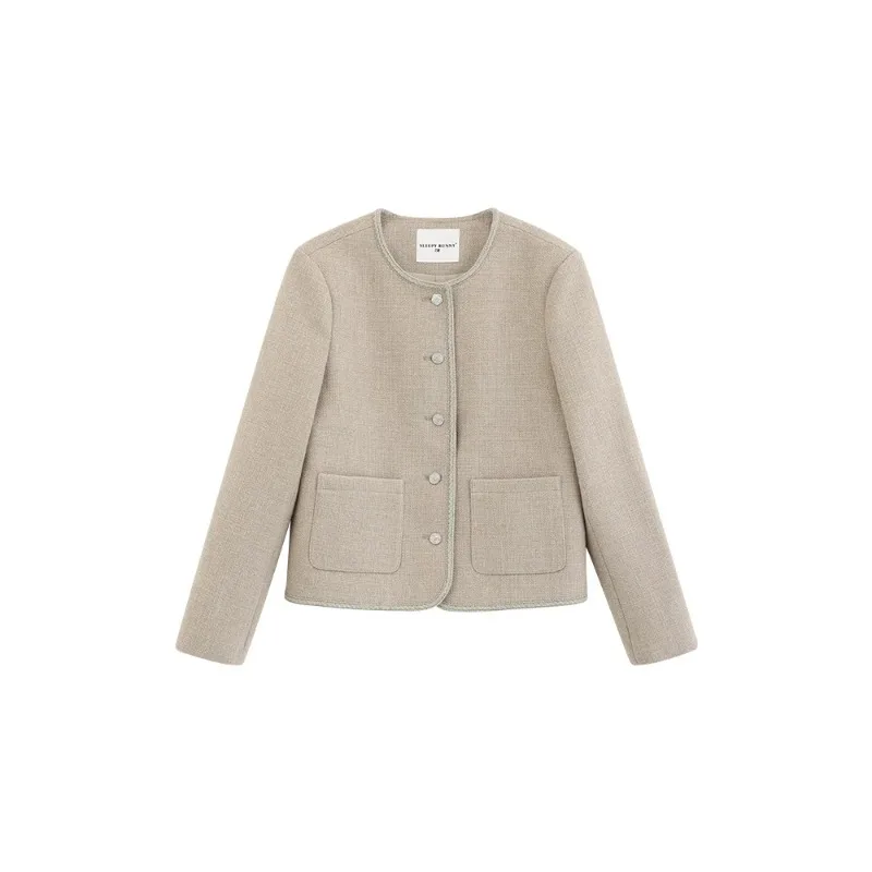 Elegant Tweed Cropped Jacket women Lady Spring Chic Round Neck Short Coat Textured Casual Outerwear French Style Daily Wear