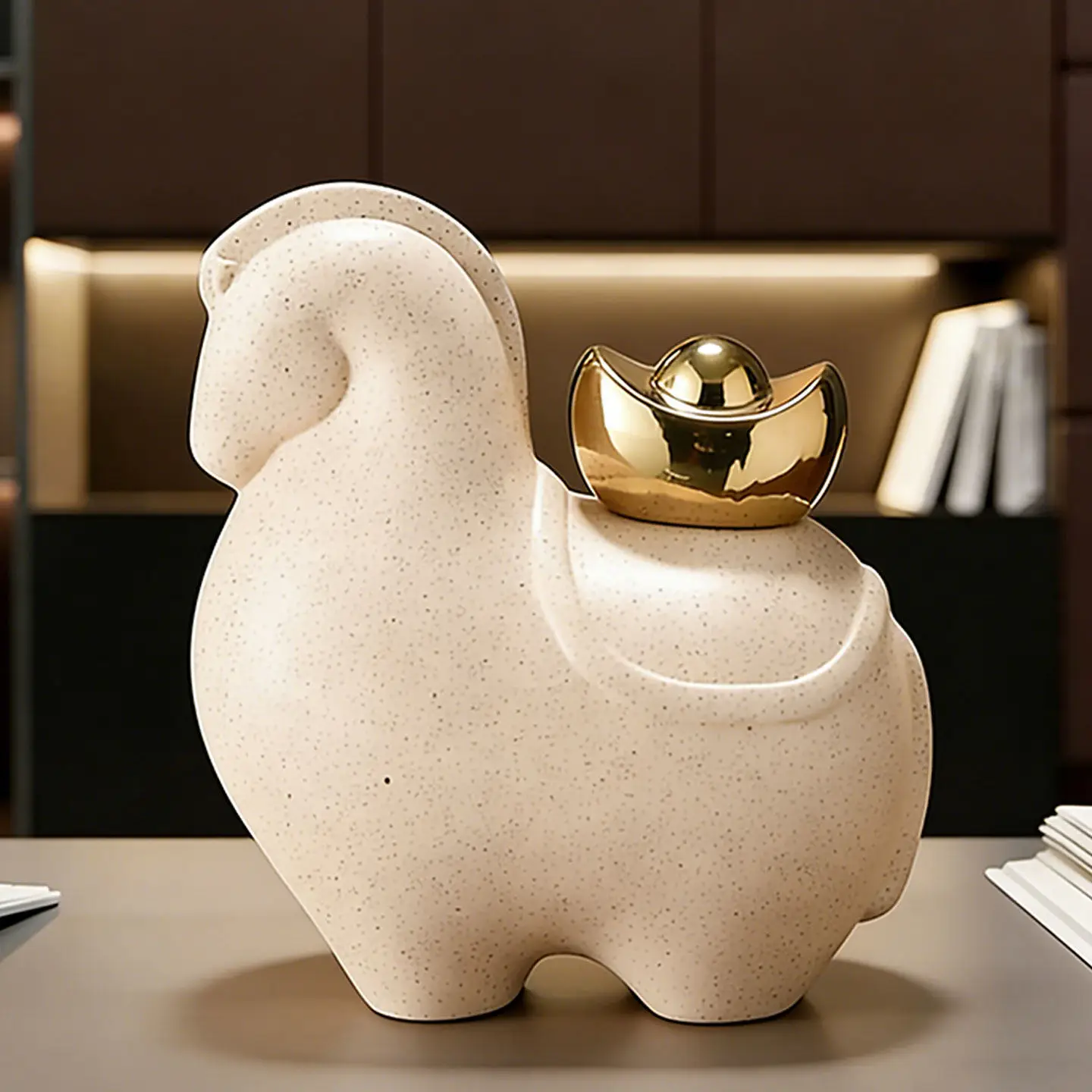 Porzellan-Pferdestatue Weiße Keramik-Pferdeskulptur Glänzende Oberfläche Büro-Schreibtisch-Dekoration Symbol für Stärke und Anmut Einzigartiges Geschenk