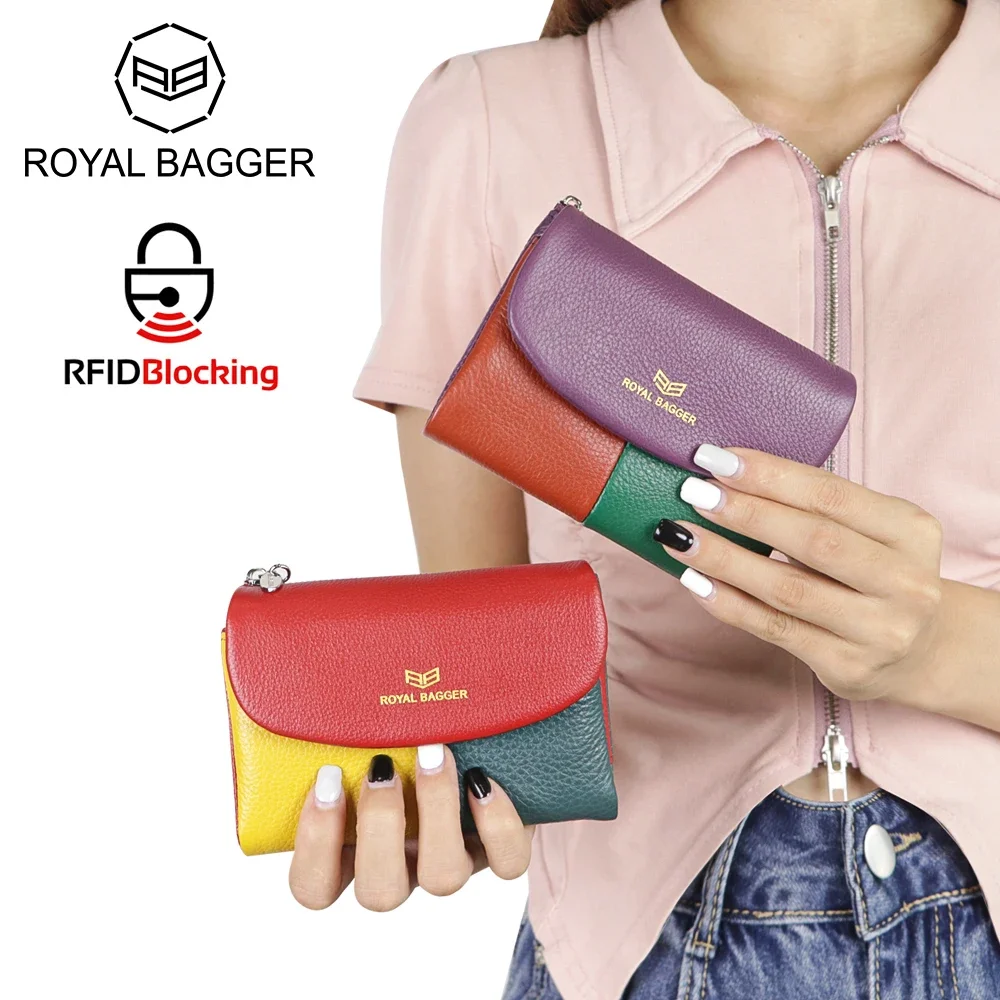 Royal Bagger Color Block RFID Short Wallets Genuine Leather Multi-card Slots Card Holder Trifold Purse Magnetic Opening 2053