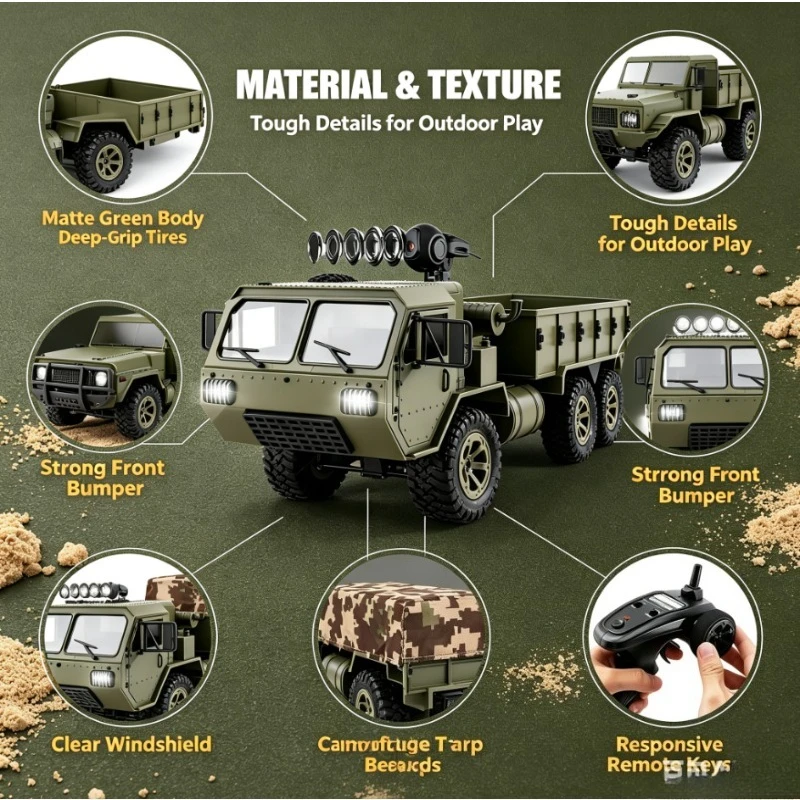 2.4GHz 6WD RC Military Transport Truck Model 6x6 Off-Road Heavy Duty Vehicle Toy for Kids Boys Gift