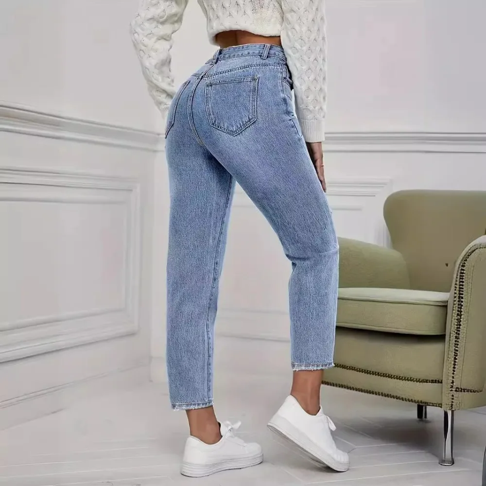 Casual Washed Ripped Jeans for Women Spring and Summer New Fashion Straight Nine Minutes of Pants Women