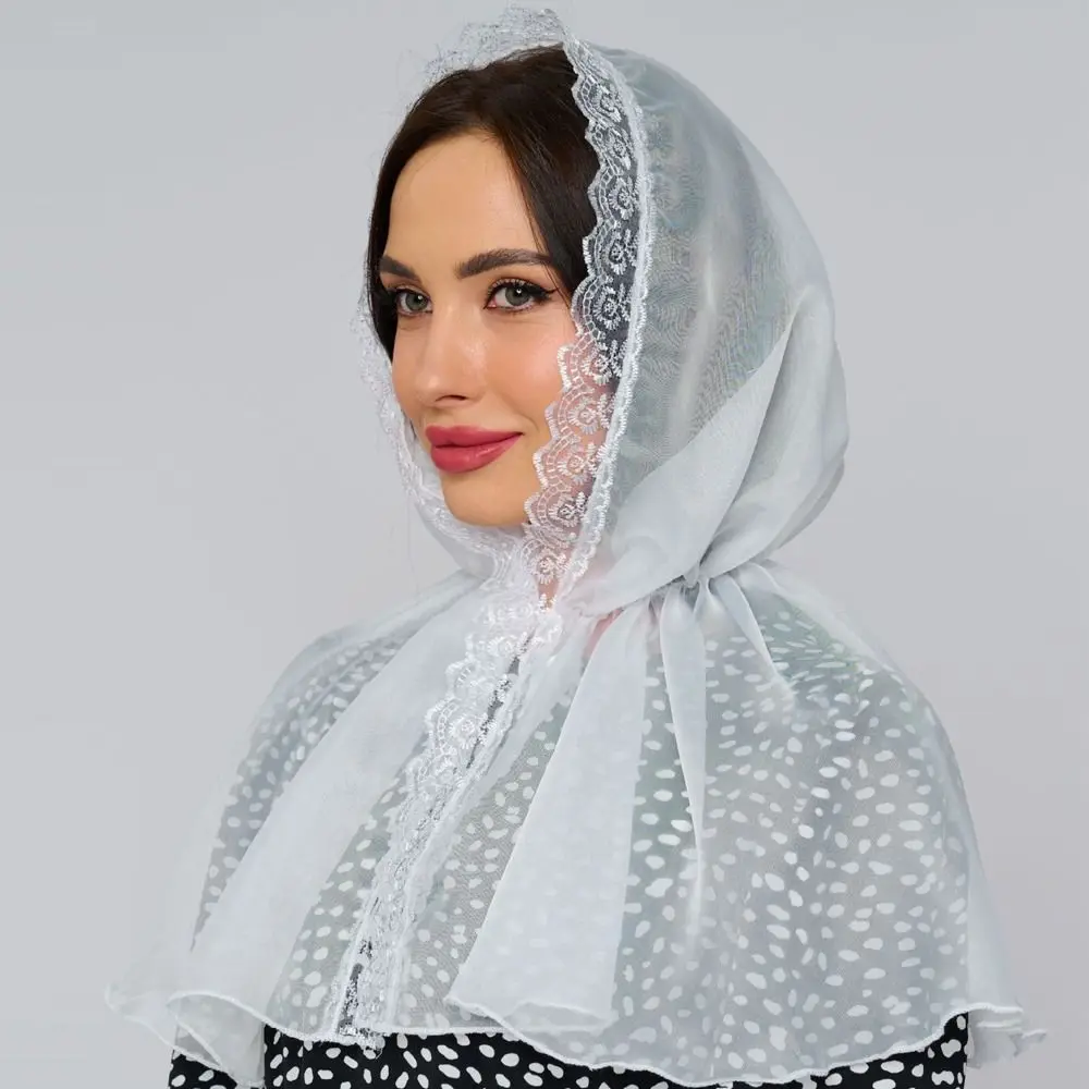 Fashion Lace Cape Hooded Shawl White Chiffon Hijab Simple Poncho Women