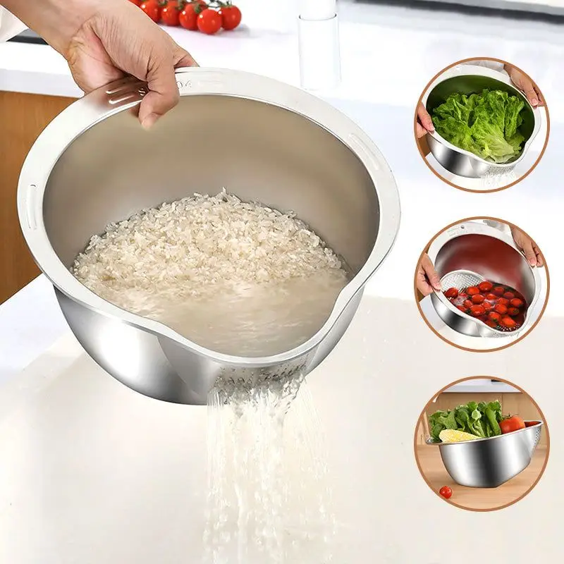 

Rice Washer Strainer Bowl Stainless Steel 304 Rice Washing Bowl Rice Sieve Colander Fruit And Vegetable Strainer Kitchen Tools