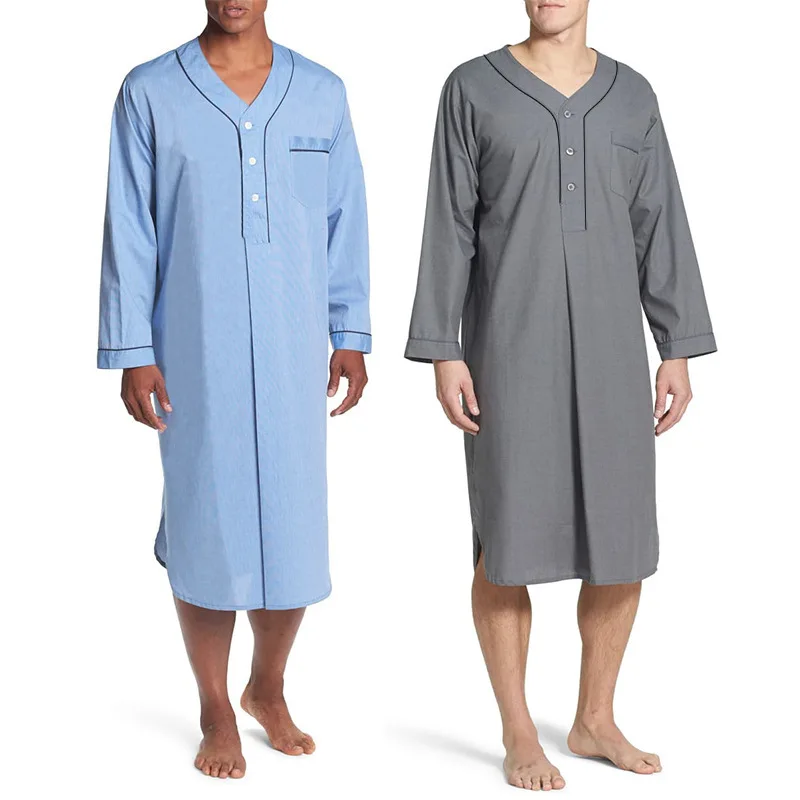 Neue männer Pyjamas Casual Langarm V-ausschnitt Pyjamas Mode Lose Fit Einfarbig Hohe Qualität Nachthemd Komfortable Homewear – Detail 2