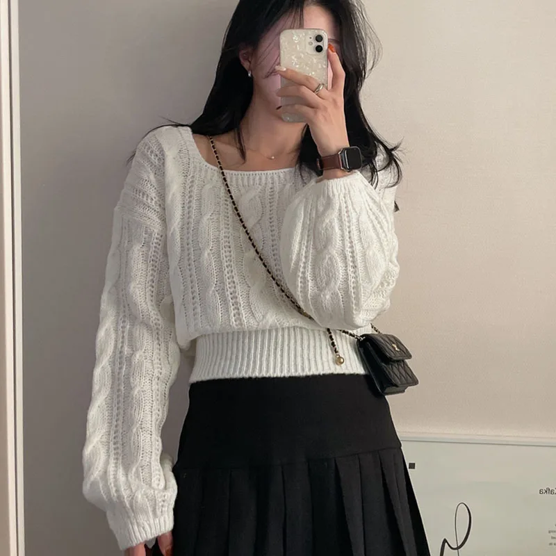 Zoki Korean Lantern Sleeve White Sweaters Women Sweet Casual Loose Knitted Pullovers Vintage Square Collar Lady Cute Design Tops