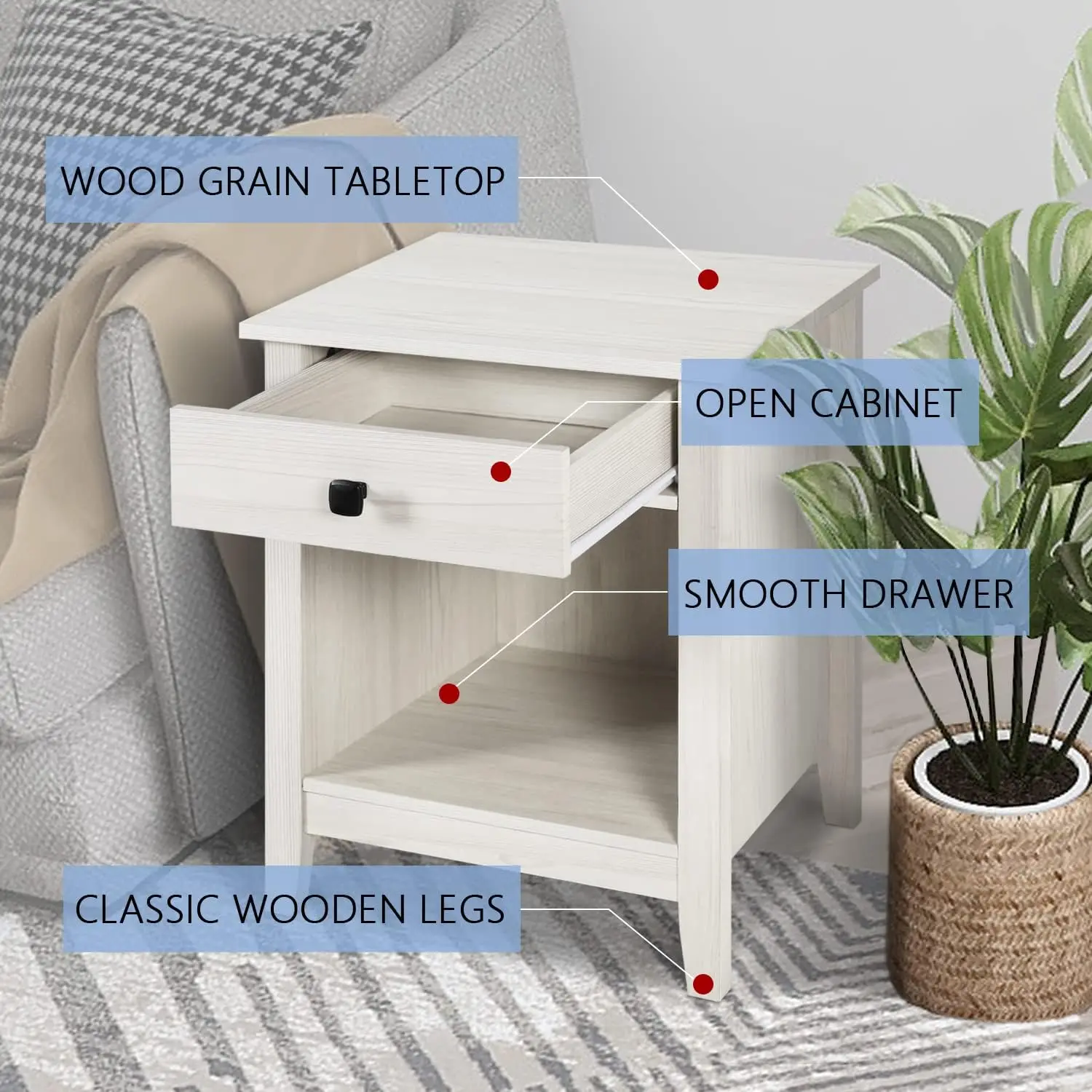 طقم منضدة نوم بيضاء مكونة من قطعتين مع أدراج، وطاولة بجانب السرير طويلة للمنزل الحديث، ومجموعة منضدة بدرج واحد #4