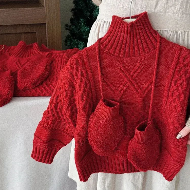 Children Girl Winter Sweater With Gloves Thicken High Collar Knitted Kid Girl Pullover Christmas Red Warm Toddler Baby Girls Top