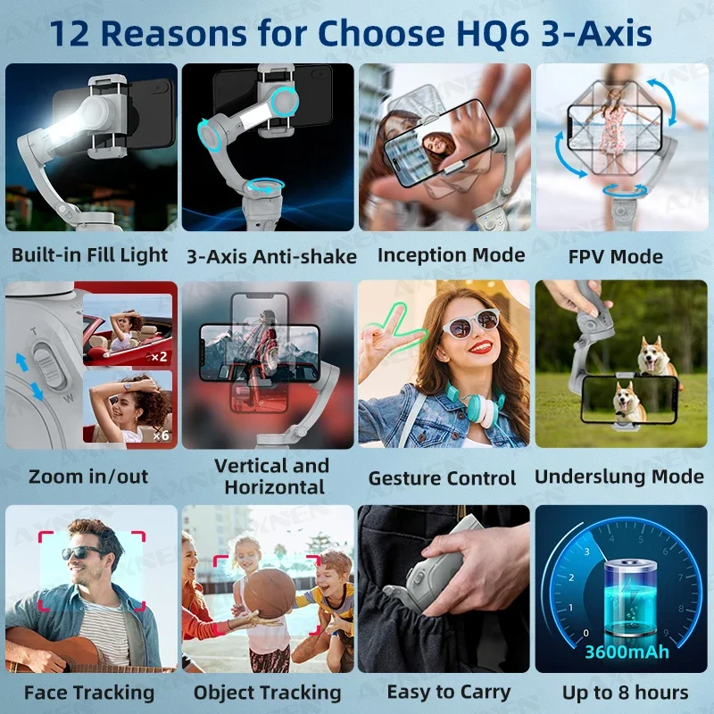 AXNEN Smart 3-Axis Handheld Gimbal Stabilizer for Smartphone with Fill Light for iPhone Android Face Tracking Tiktok Vlog Kit 4