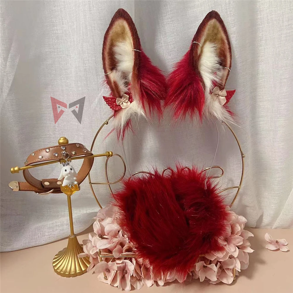 New Handmade Work Red Blood Bunny Rabbit Ears Hairhoop Tail Necklace Earrings Cosplay Lolita Acessories Headwear