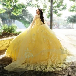 Yellow Shiny Quinceanera Dresses Appliques Lace Tull Off Shoulder Corset Prom Party Gown Sweet 16 Vestidos 15 De XV Anos