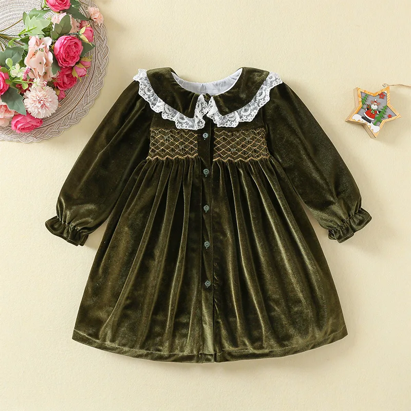 Vintage Baby Girl Green Velvet Dress Long Sleeve Little Girls Clothing Children Smock Dresses Infant Boutique Princess Clothes