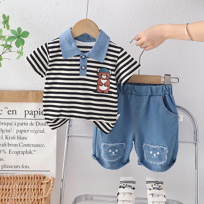 

Kids Summer Set 2024 Baby Boy Clothes 2 To 3 Years Cartoon Striped Turn-down Collar Short Sleeve T-shirts and Shorts Boys Outfit