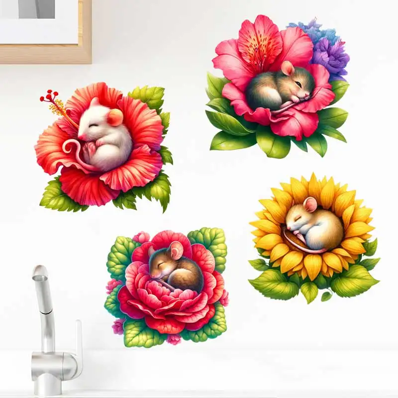 Mice Sleeping in Flowers Wall Sticker Living Room Sofa Background Decoration Wallpaper For Home Decor Kids room Art Decals S919