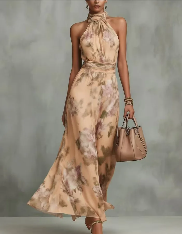 Elegantes Neckholder-Kleid mit Schulterausschnitt und Blumenmuster aus Chiffon, Langes Vintage Boho Ärmelloses Sommer-Strandkleid