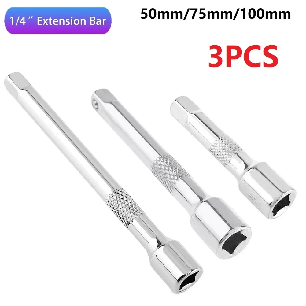 3pcs/set Socket Ratchet Wrench Extension Bar 1/4 Inch 50/75/100MM Chromed Steel Connecting Rod Accessories Hand Tools