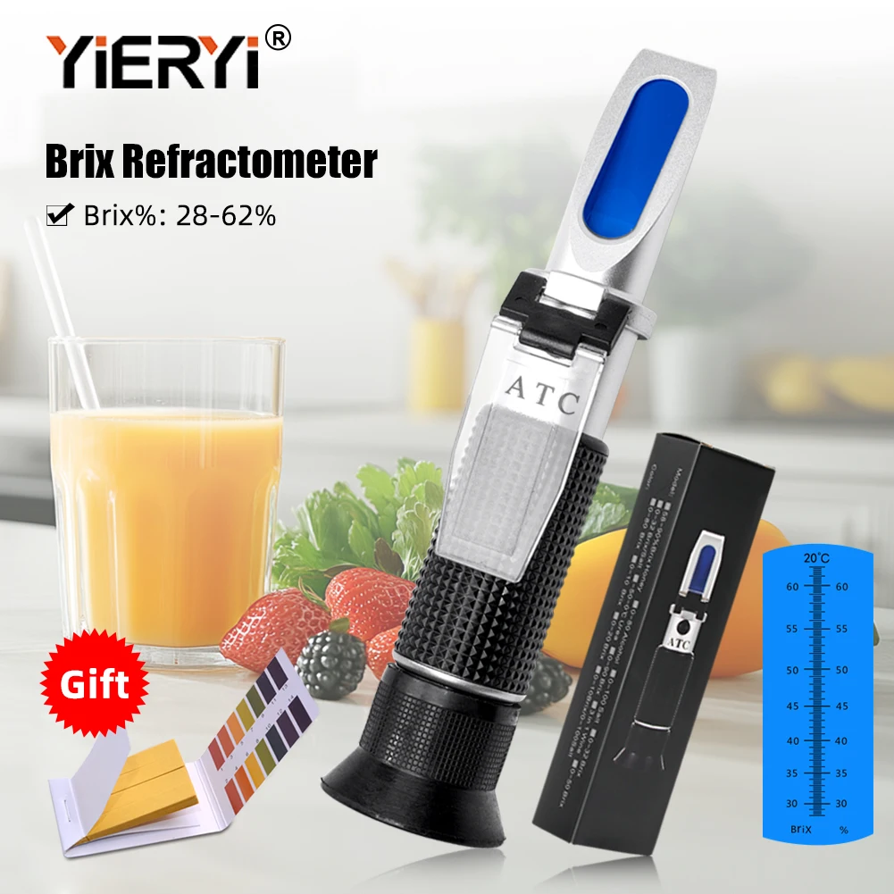 Professional 28-62% Brix Refractometer With ATC Handheld Sugar Content Tester For Fruit Juice Honey Jam Syrup Beverage Brewing