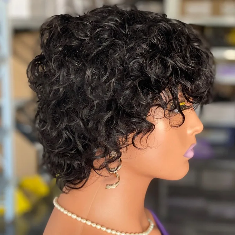 12A 180% 밀도 짧은 곱슬머리 인모 가발 - 브라질산 버진 레미 헤어 기계 제작 여성용 데일리룩