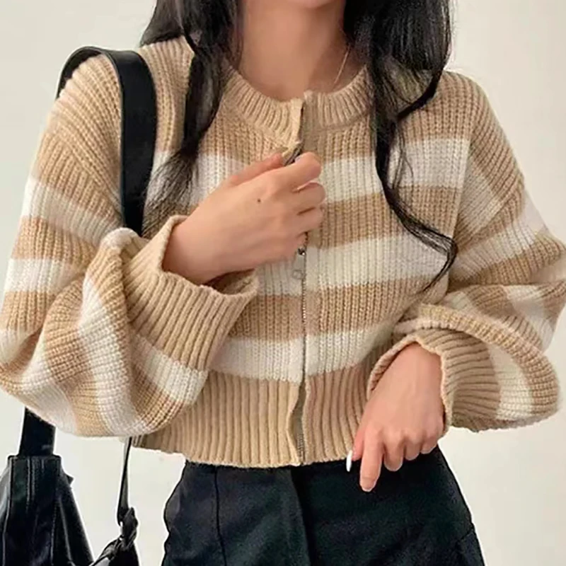 HELIAR Women Patchwork Striped Sweater Zipper Cardigan Sweater Knit O-Neck Casual Cropped Outerwear For Women 2024 Fall Winter