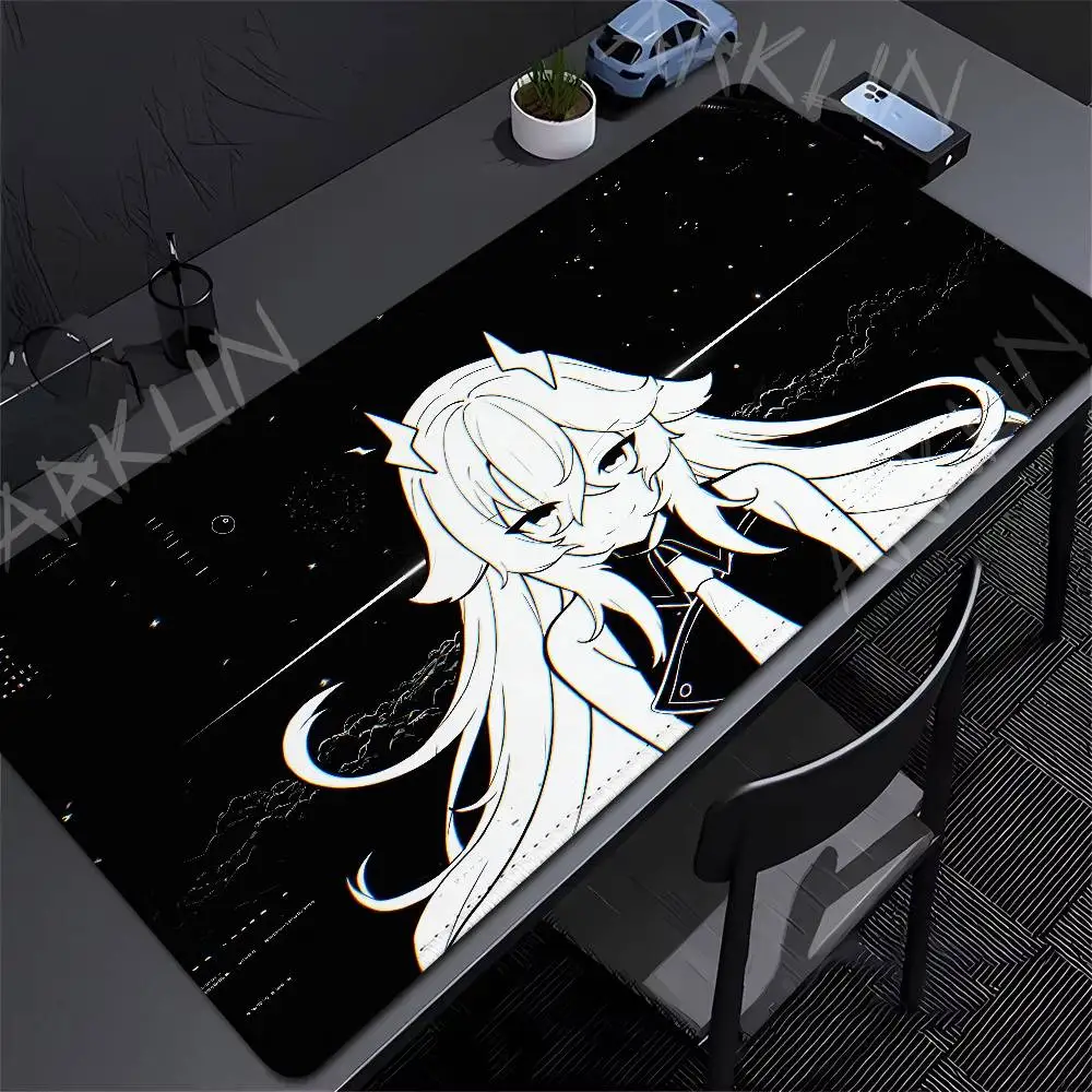 

Black White Line Art Anime Girl Mouse Pad, Horned Long Hair Girl Dark Cyber Background, Non-Slip Large Desk Mat for Gaming