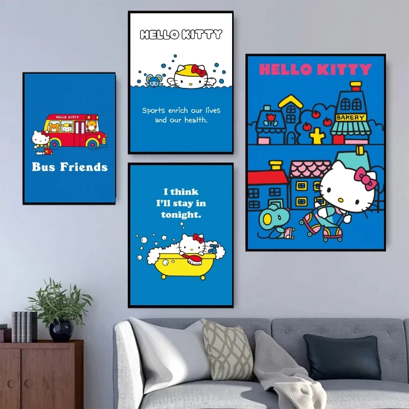 

Canvas Posters Sanrio Hello Kittys blue Birthday Gifts Modern Living Room Wall Art Home Modular Prints Comics Pictures