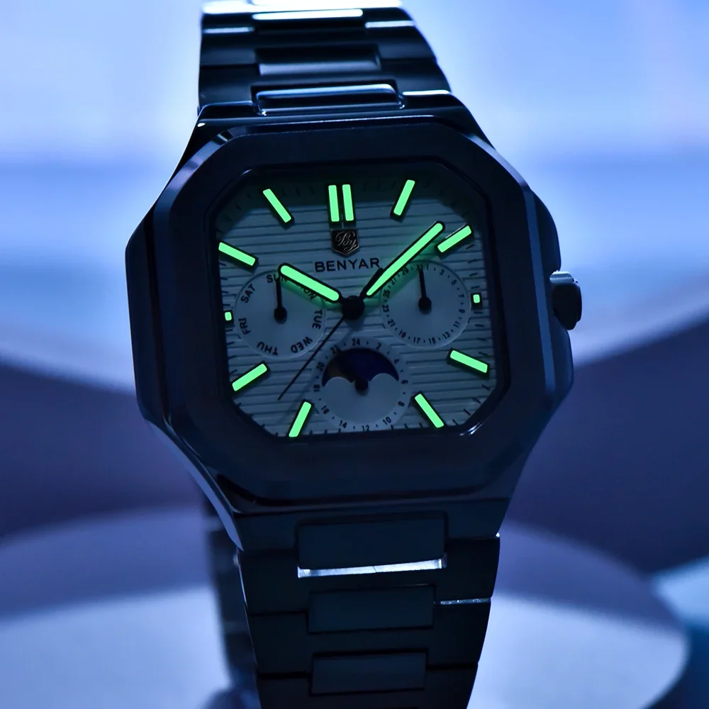BENYAR 2025 Новый топ PE806 Квадратные наручные часы с фазой Луны Классические роскошные мужские кварцевые часы Сапфировое стекло Нержавеющая сталь BY5221