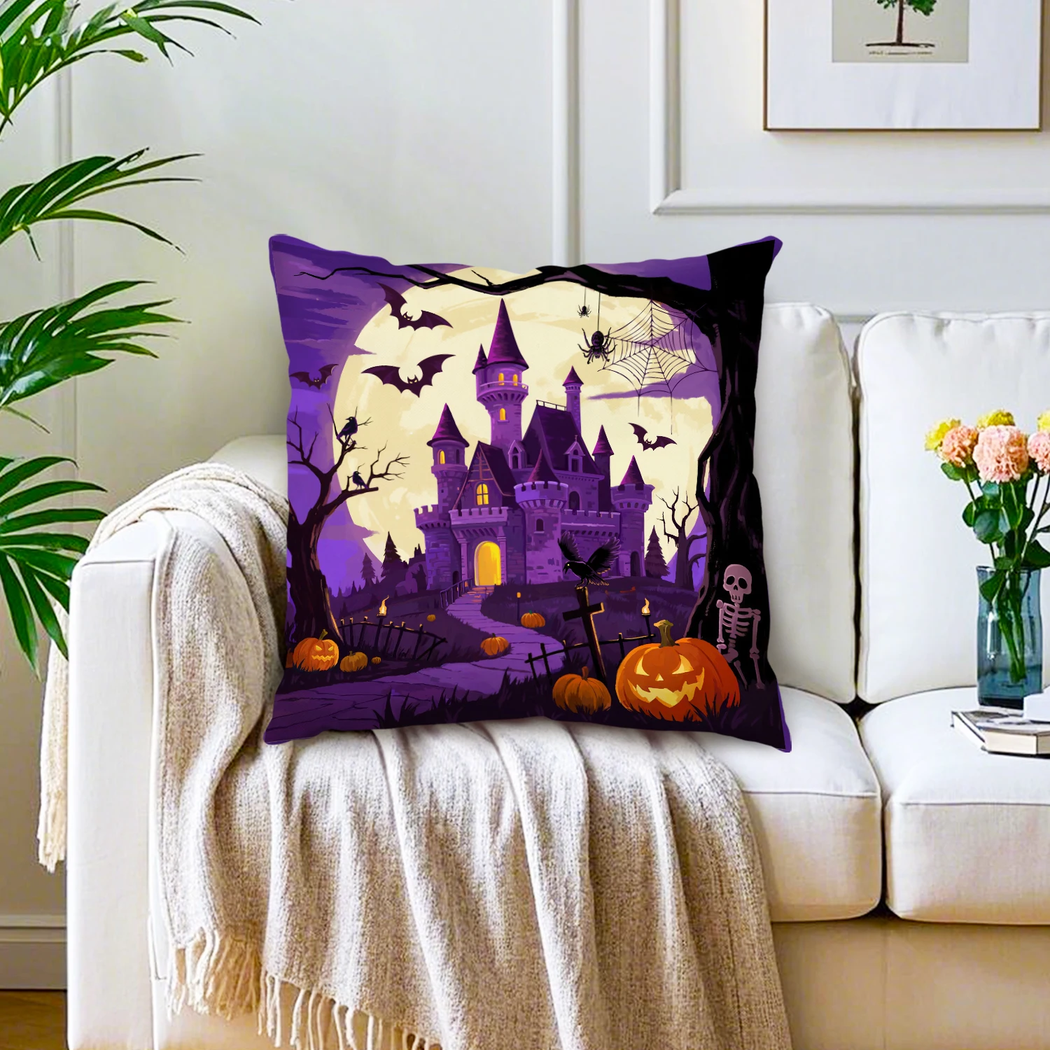 Halloween Castle Linen Cushion Cover Gothic Haunted House Pumpkin Decorative Pillow Case for Sofa Living Room Bedroom Home Decor