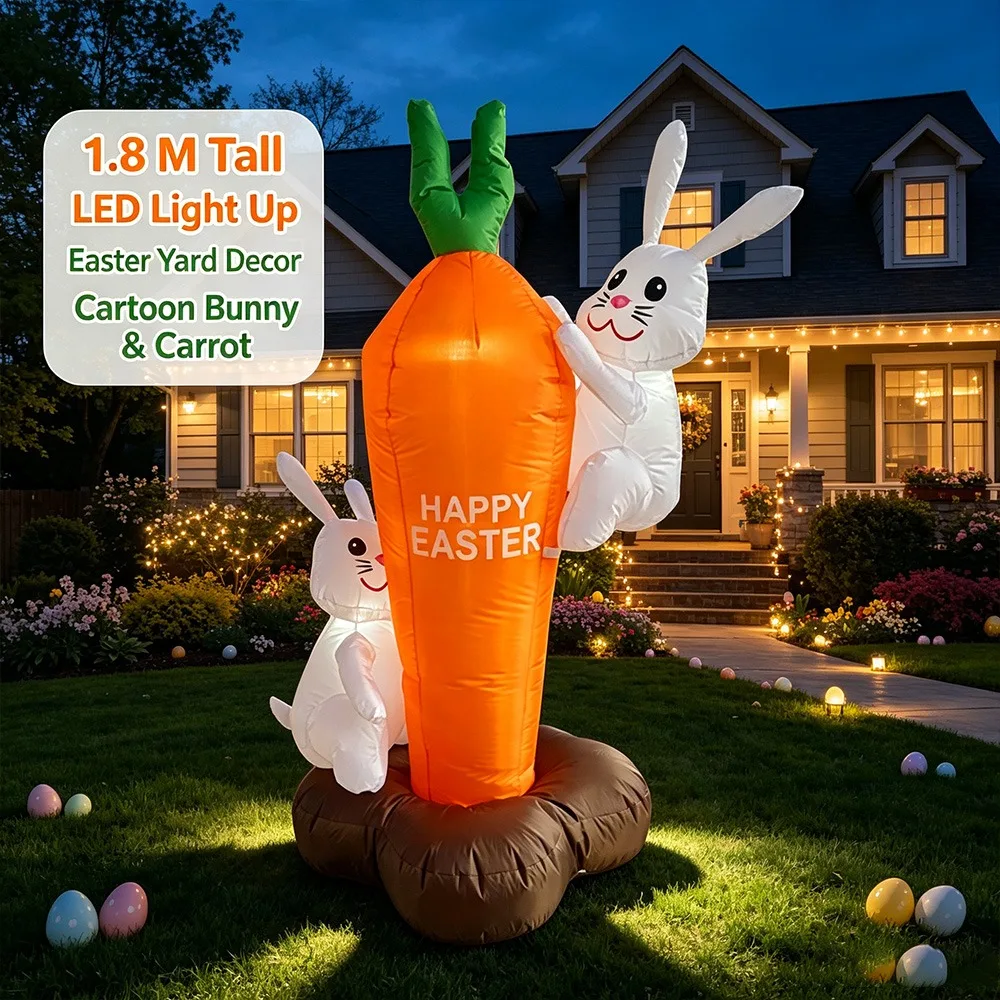 1.8M Easter Inflatable Bunny with LED Lights, Blow Up Yard Decor for Holiday Party Garden Lawn