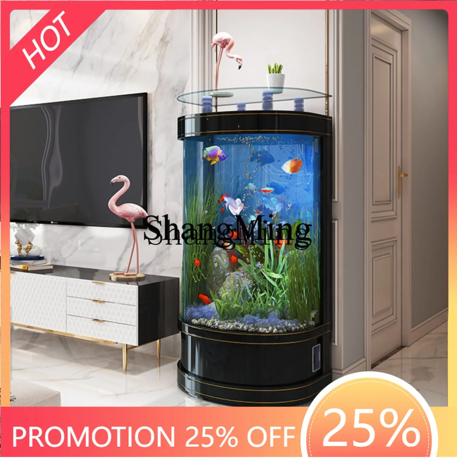 

SM luxury fish tank living room small household TV cabinet next to semi-circular floor-to-ceiling glass aquarium