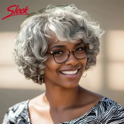 Pelucas de cabello humano brasileño Remy para mujeres negras, pelo corto ondulado Bob, color gris, elegante, hecho a máquina, plata, n. ° 51