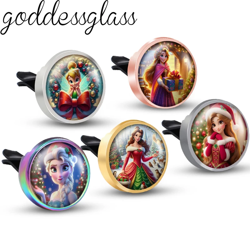 Disney Christmas Princesses Elsa Tinker Bell Aromatherapy Car Decoration Clip Perfume Locket Fittings Oil Scent Gift keychain