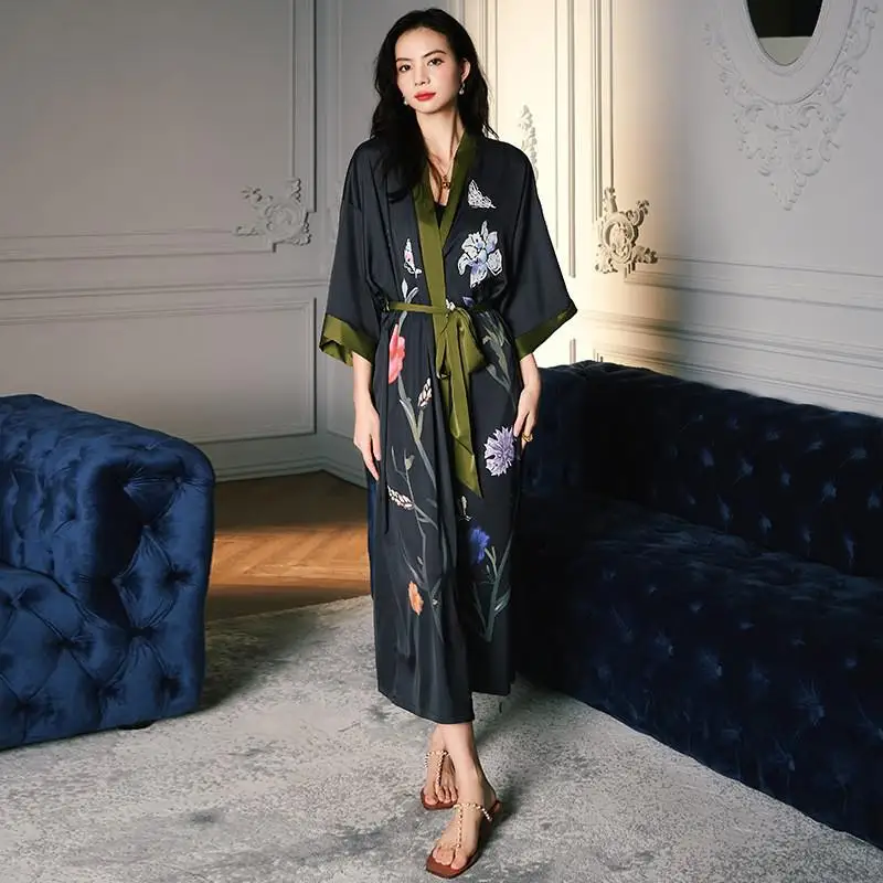 Oversize Bathrobe Women Satin Nighty Robe Sleepshirt Print Kimono Gown Sleepwear Summer Nightgown Casual Loungewear