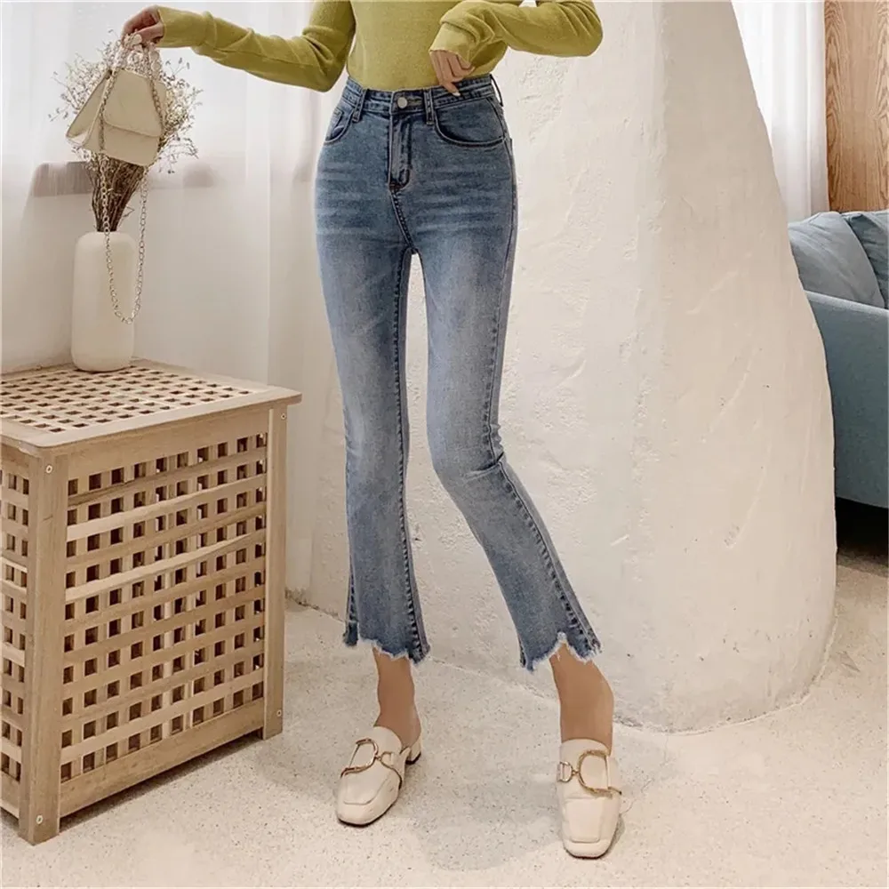 5xl Women Slim Black Flared Jeans Vintage Solid Wash Skinny Womens High Waist Denim Trousers Streetwear Bell Bottom Pants Ins