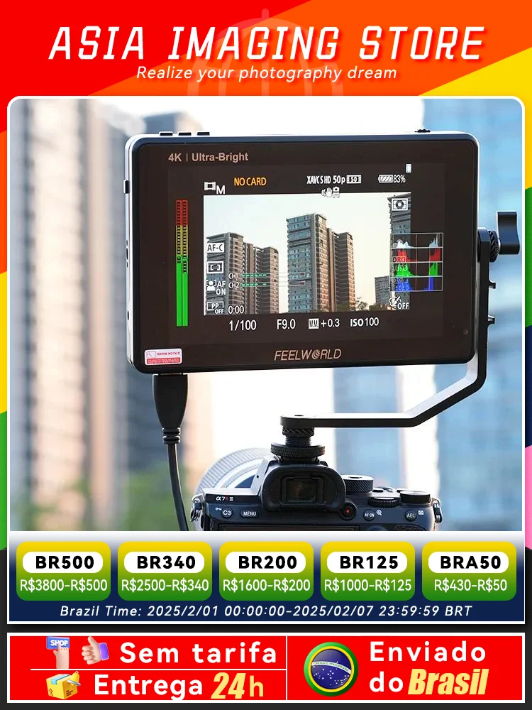 شاشة كاميرا Feelworld LUT7 بشاشة 2200nits تعمل باللمس 7 بوصة 4K HDMI مع وضع Waveform Histogram VectorScope