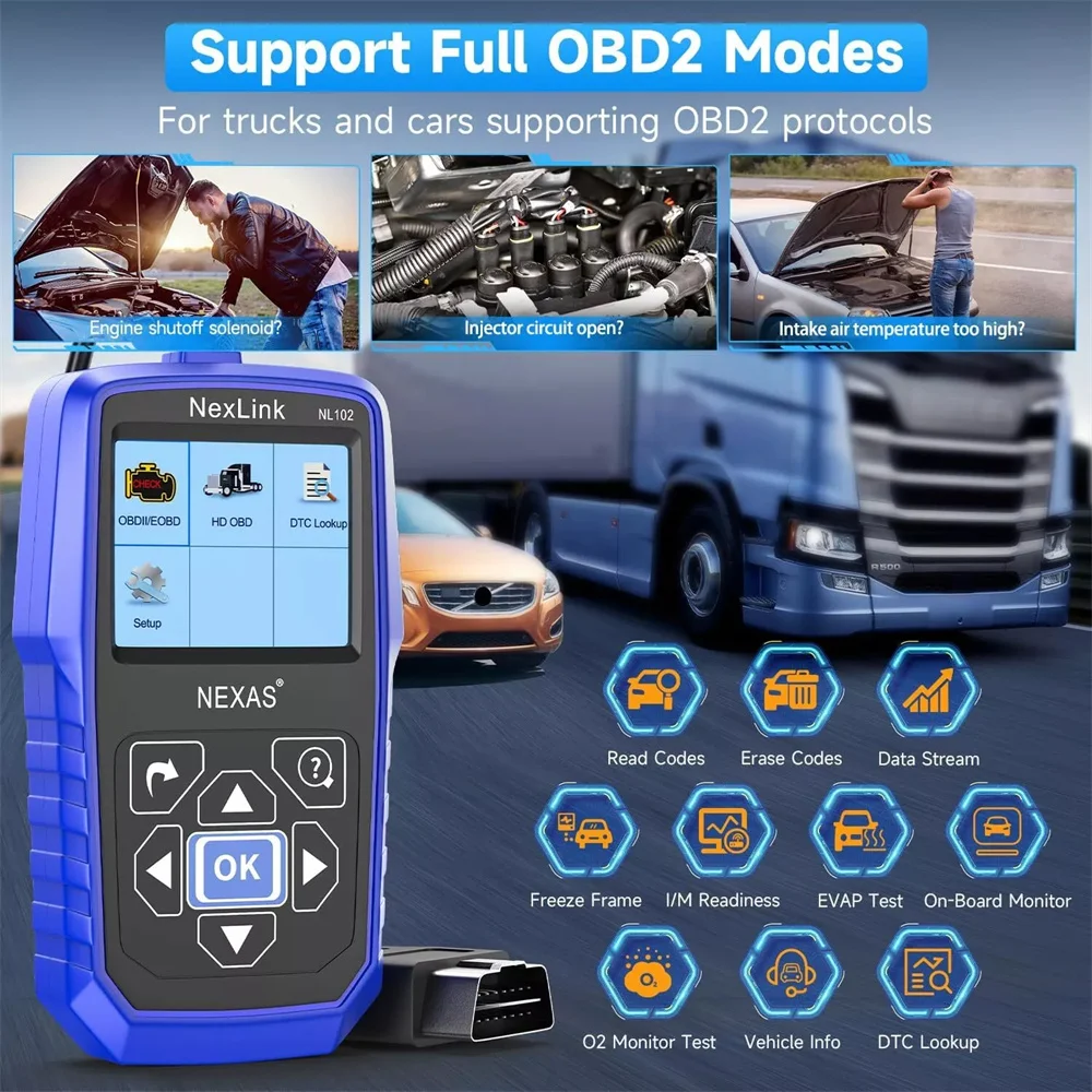 NEXAS NL102 HD Heavy Duty Diesel Truck Scanner Diagnostic Tool OBD2 Code Reader All System Support J1939 J1708 J1587