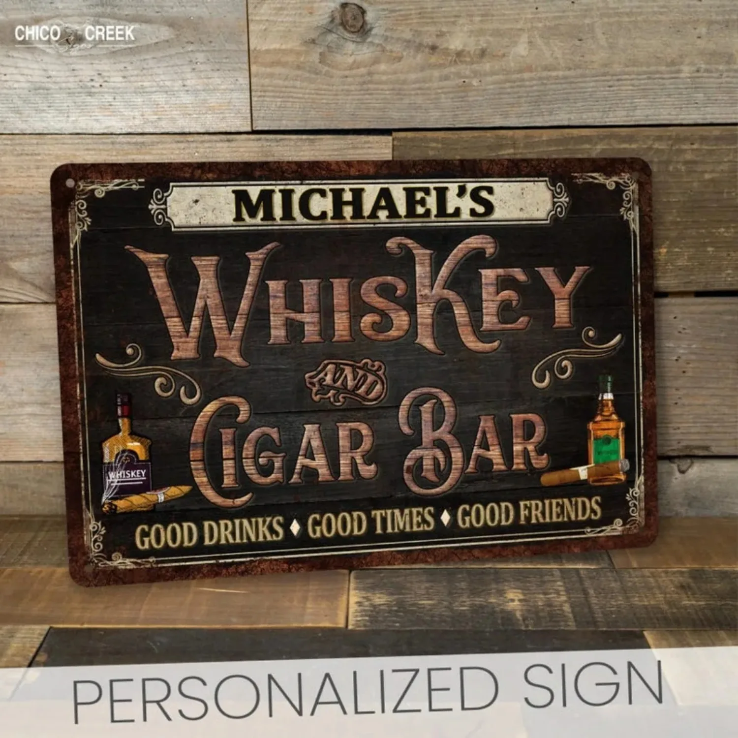 

Custom Personalized Vintage Whiskey & Cigar Bar Sign, Man Cave Home Bar Wall Decor, Ideal Fathers Day Gift For Dad (Decoration O