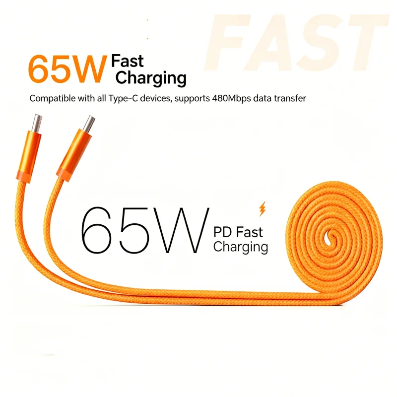 65W PD USB C to USB C Cable 1.2M Nylon Braided Ultra Thin Dual Type-C Fast Charging Cord 480Mbps Data Transfer，Micro 0.3m Cable