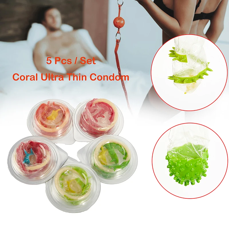 Condones de látex para masaje Vaginal, preservativos de Punta punteada, Ultra delgados, Coral, 5 unids/set por juego